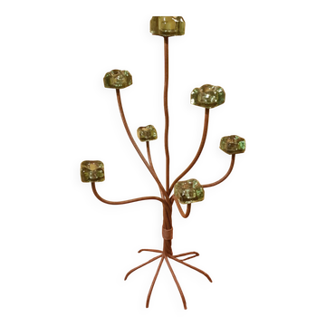 Large designer 6-branched candlestick in wrought iron and glass.