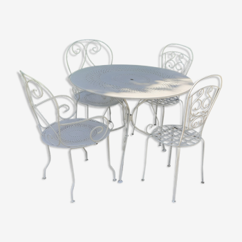Salon de jardin 1 table 2 fauteuils 2 chaises fer forgé blanc ancien