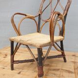 Fauteuil enfant 1890 châtaigner, rotin et velours damassé
