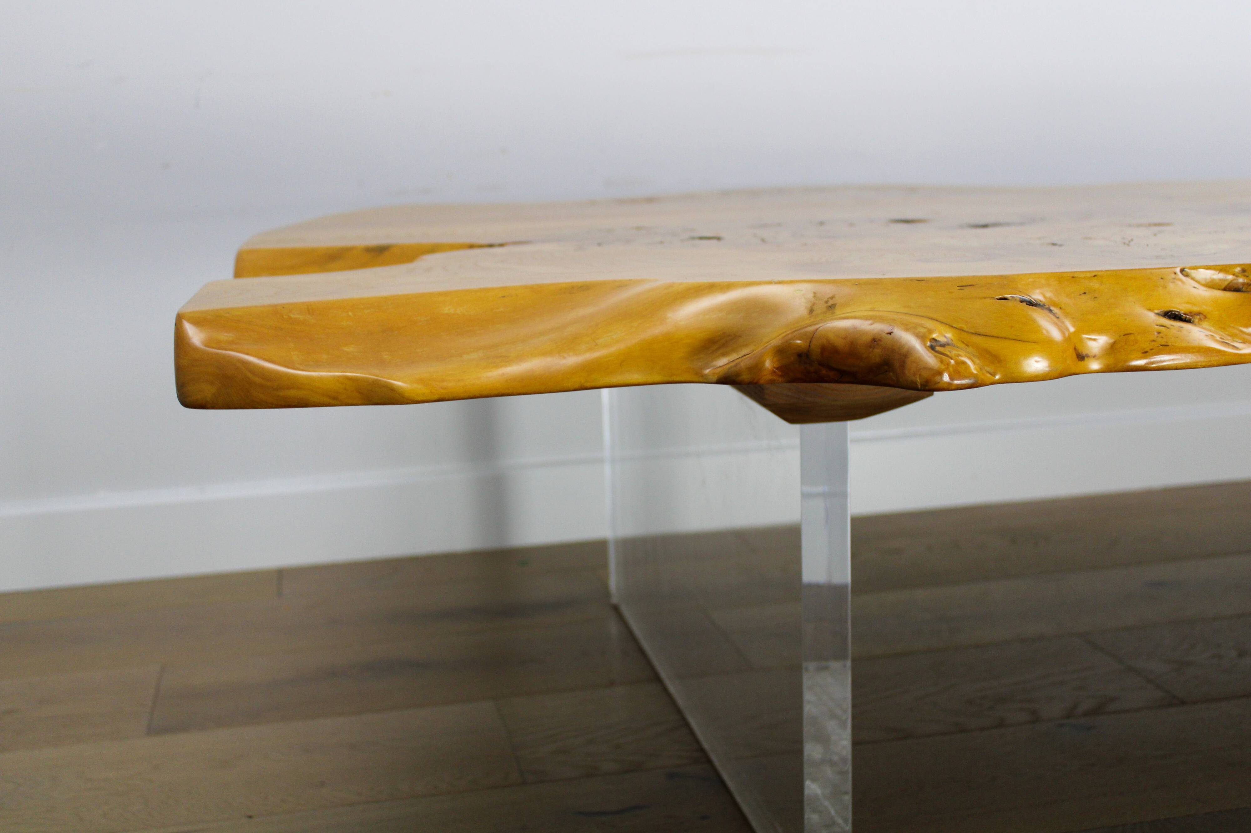 'Floating' mid-century Italian burr elm coffee table on Lucite blocks