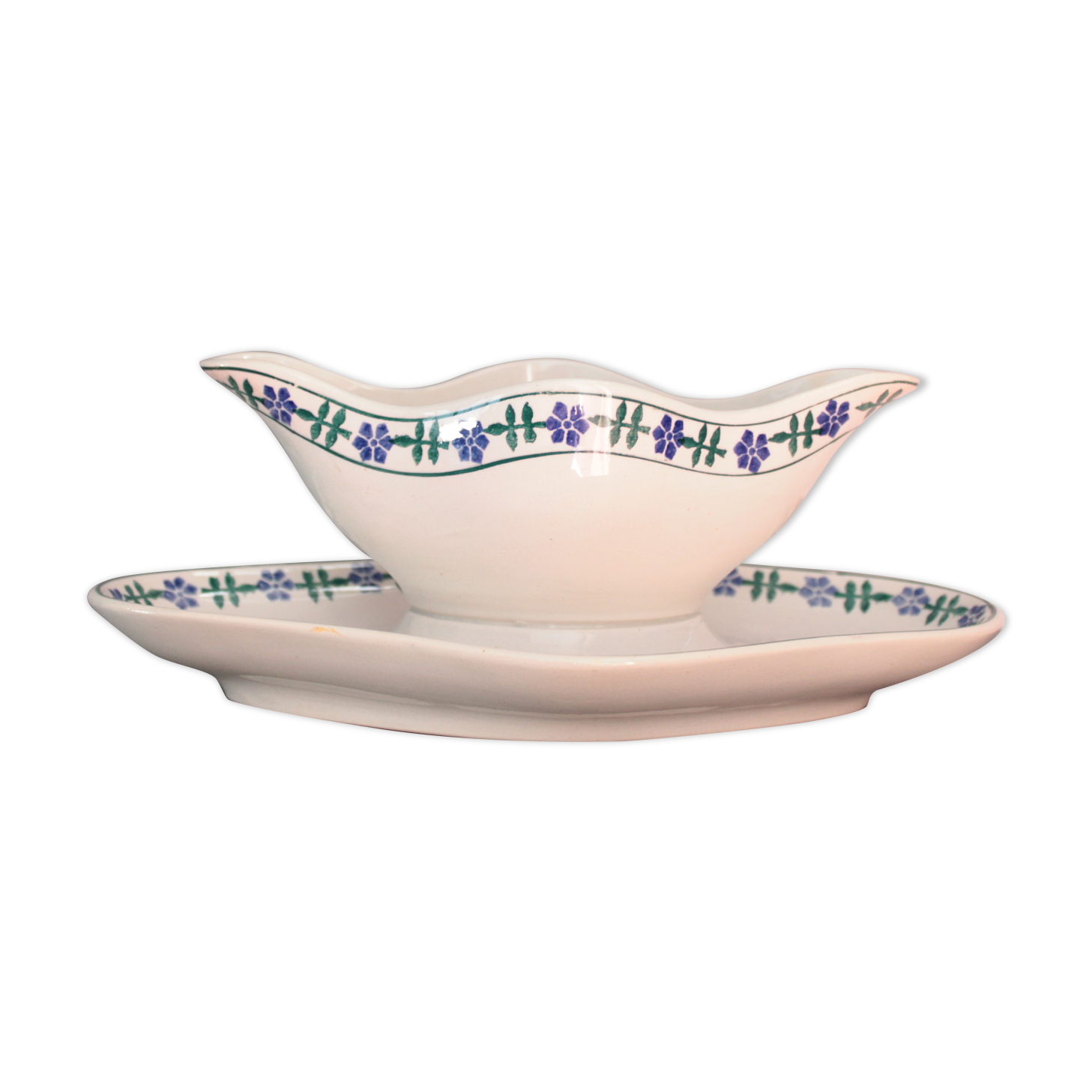 Old French white and blue gravy boat, in opaque porcelain, with blue flower pattern