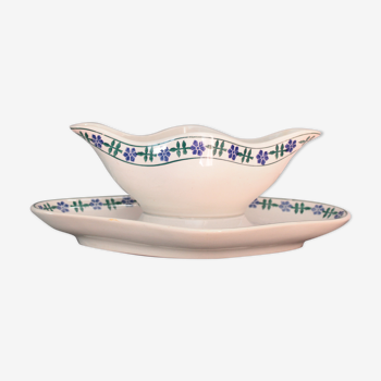 Old French white and blue gravy boat, in opaque porcelain, with blue flower pattern
