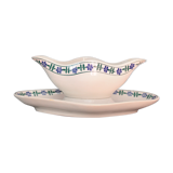 Saucière ancienne française blanche et bleue, en porcelaine opaque, à motif de fleurs bleues