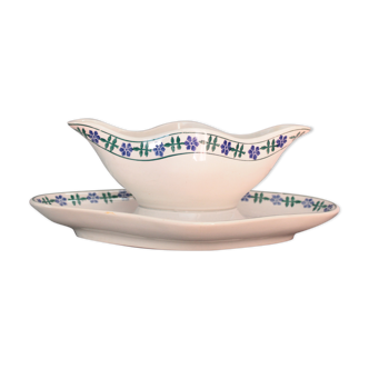 Saucière ancienne française blanche et bleue, en porcelaine opaque, à motif de fleurs bleues