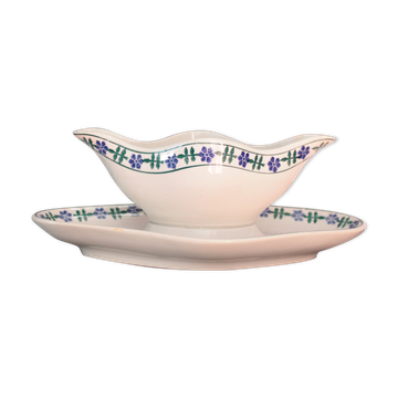 Old French white and blue gravy boat, in opaque porcelain, with blue flower pattern