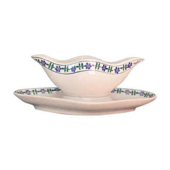 Old French white and blue gravy boat, in opaque porcelain, with blue flower pattern
