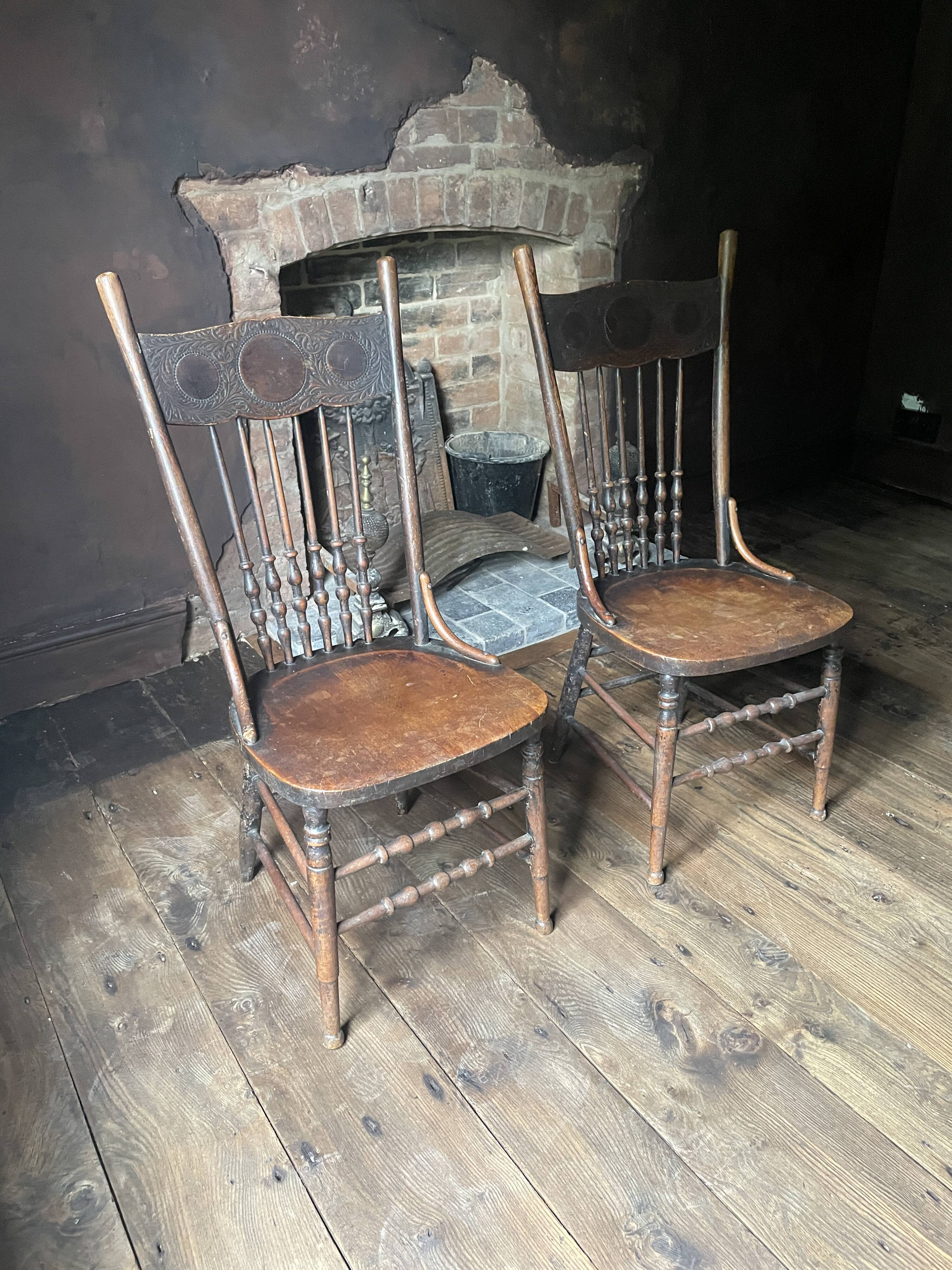 Pair of Antique Country Chairs with Carved Crest Rails | Vernacular Spindle