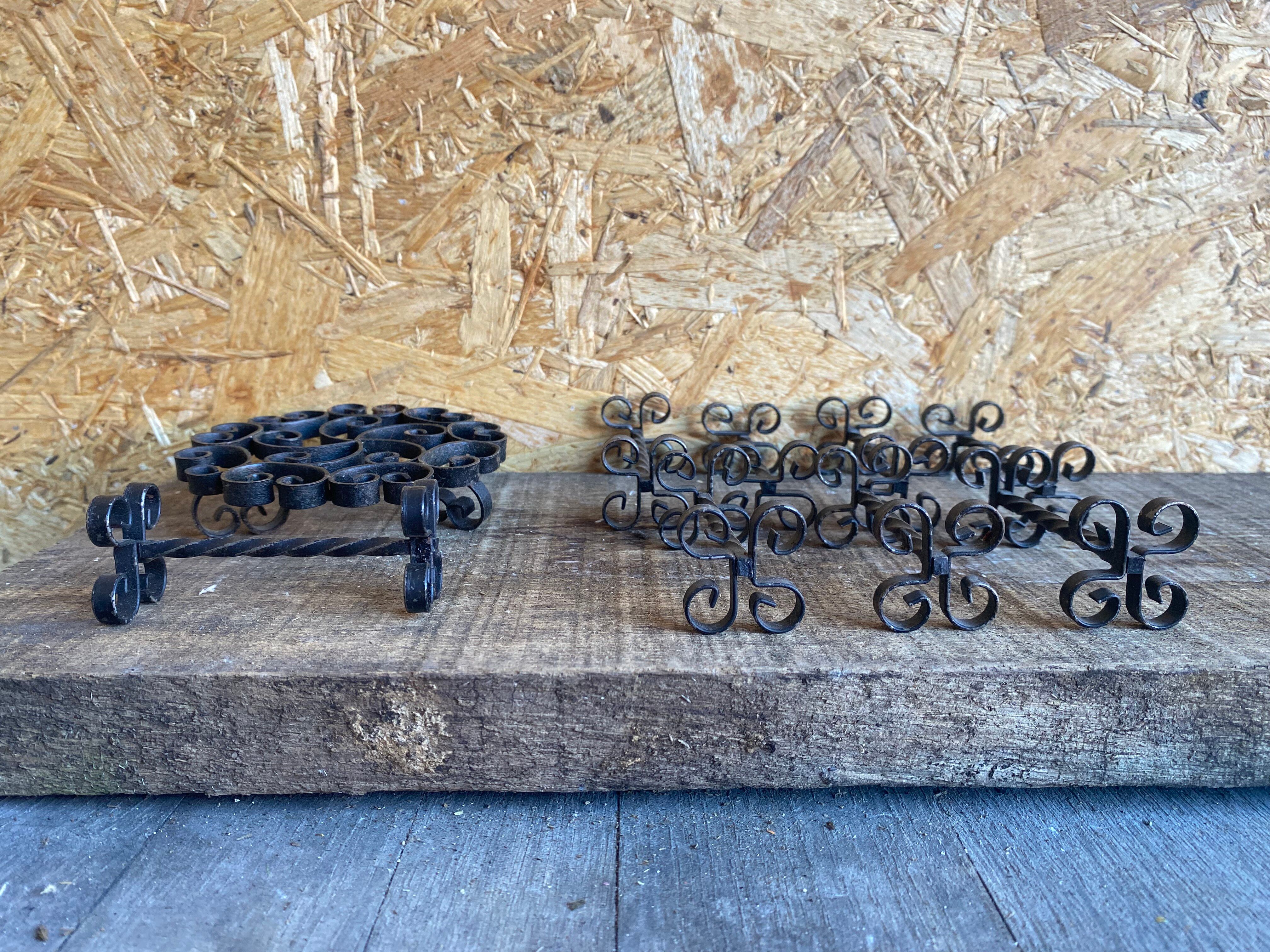Service Table Under Plate + 12 Old Forged Iron Knife Holders Black
