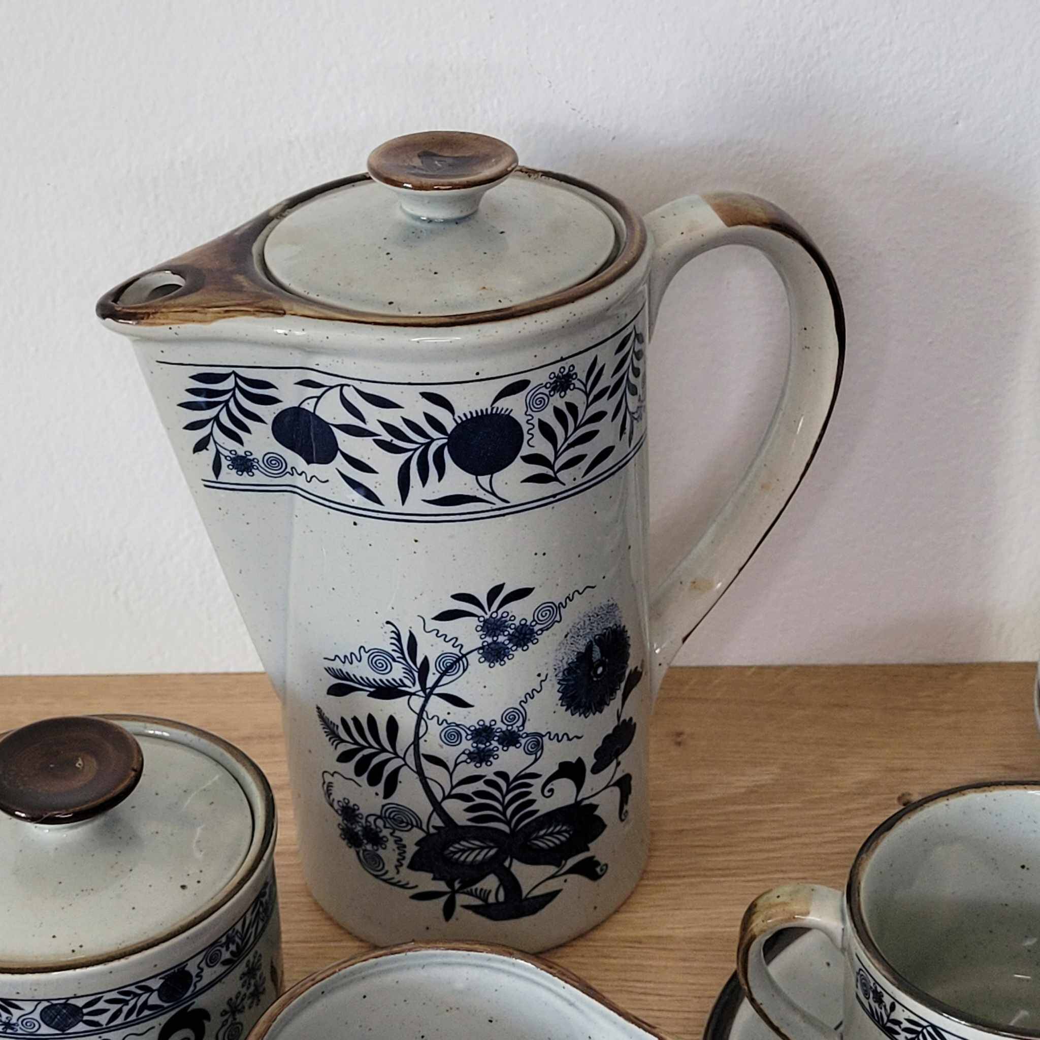 Japanese stoneware tea set with blue danube "blue onion" pattern