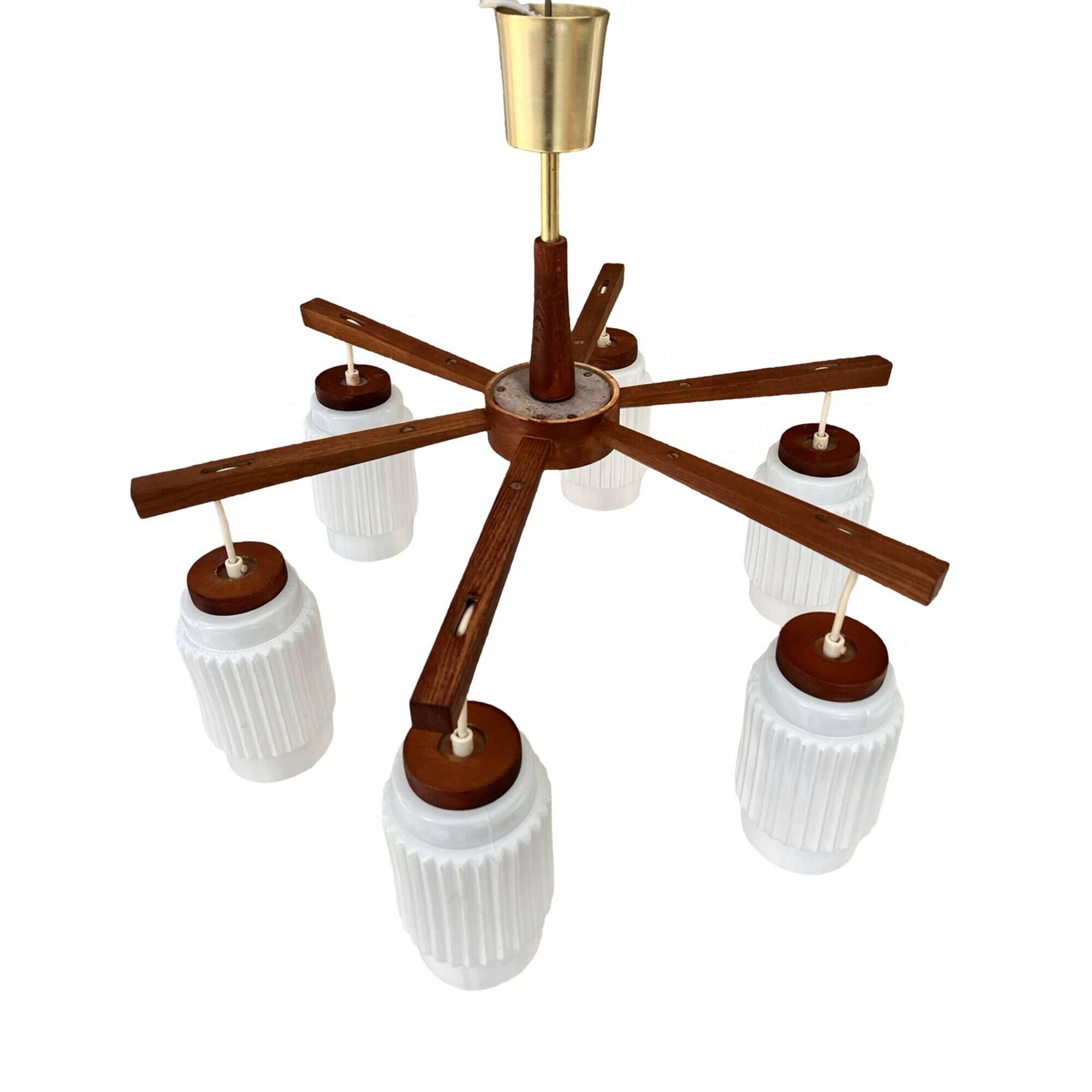 Scandinavian six-arm chandelier made of teak wood, Denmark, 1970s.