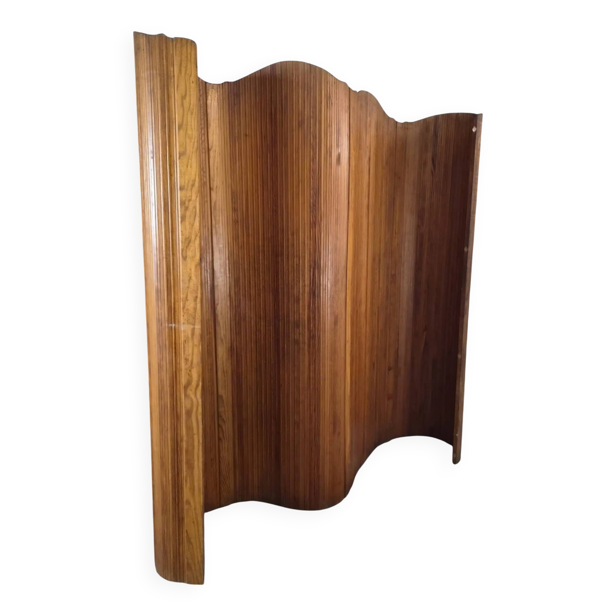 Large French folding screen in pine, room divider, 1950s, attributed to Baumann.