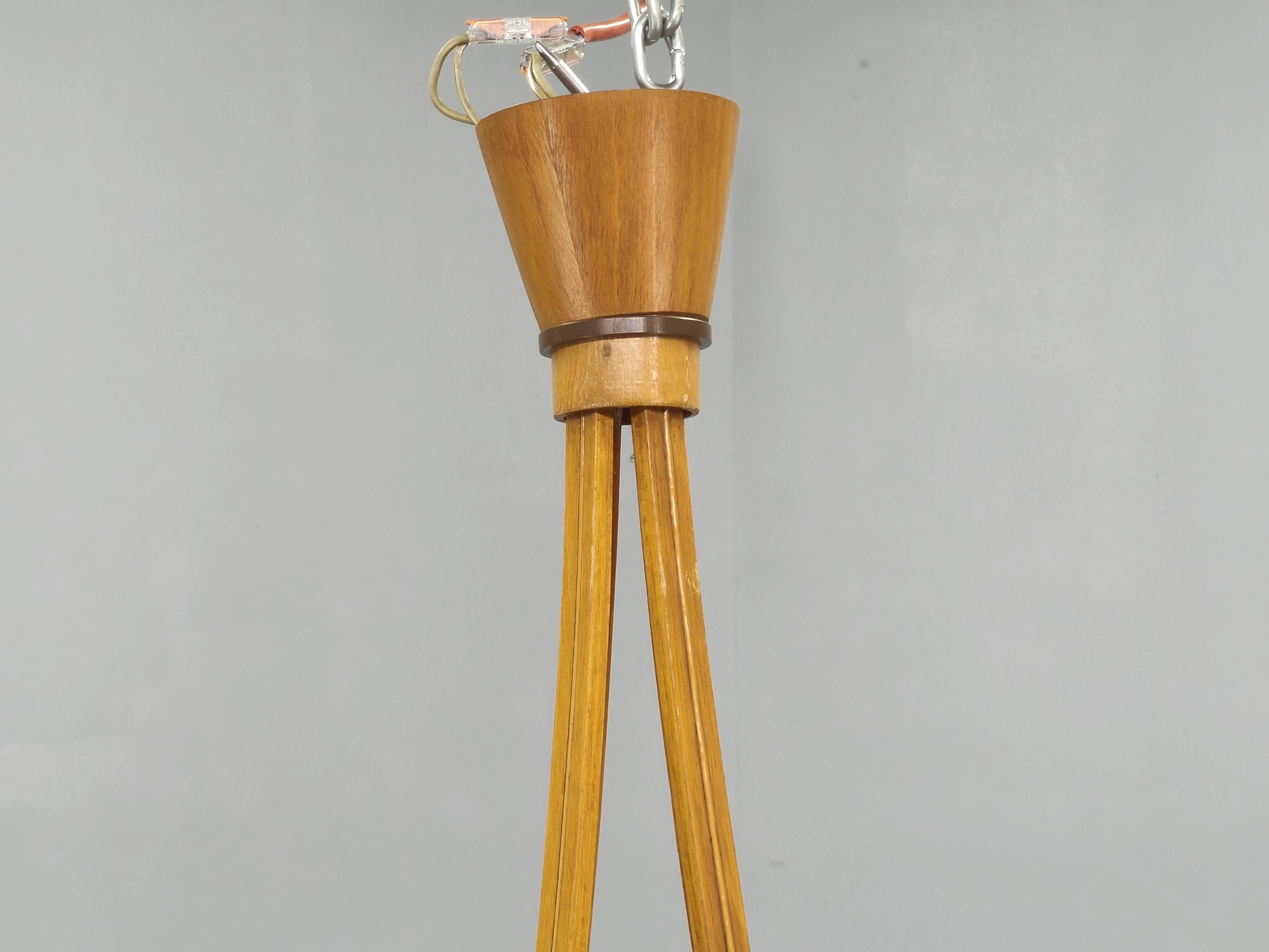 Pair of Czech Mid-Century Wood and Glass Chandeliers by Dřevo Humpolec