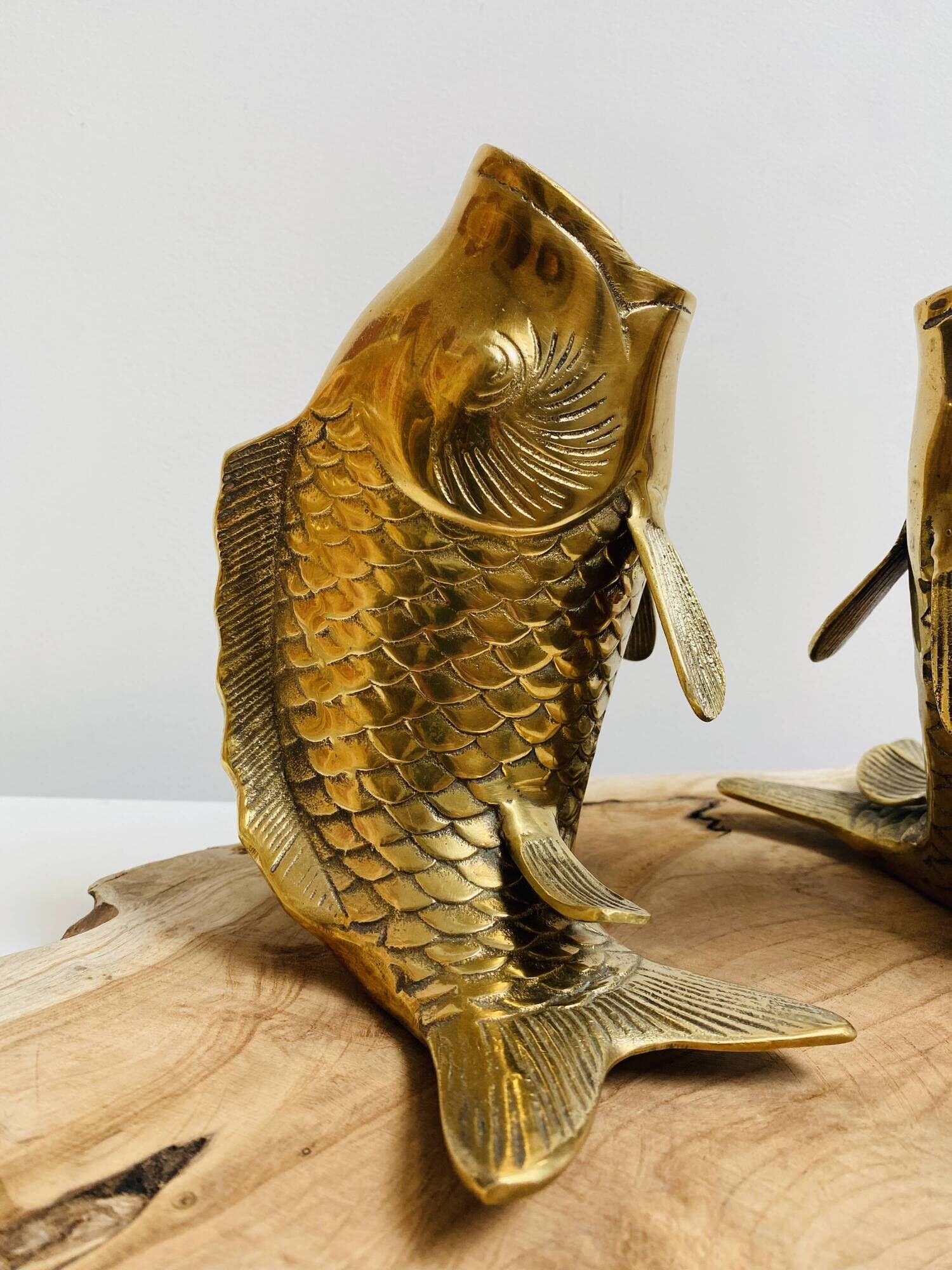 Pair of koi carp vases in brass, animal sculpture