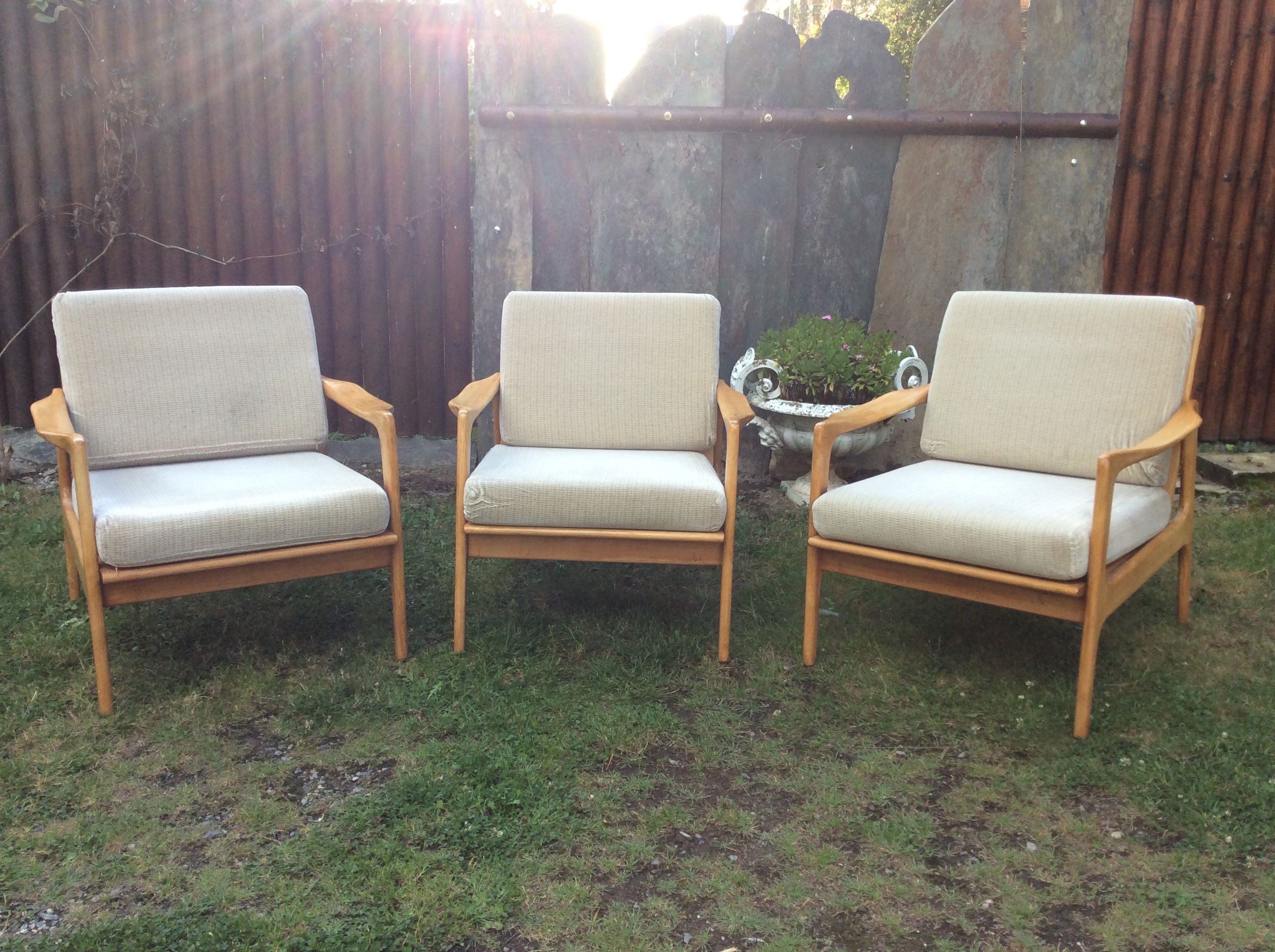 Vintage Scandinavian bench and armchairs of 4 pieces, 1 bench and 3 armchairs.