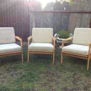 Vintage Scandinavian bench and armchairs of 4 pieces, 1 bench and 3 armchairs.