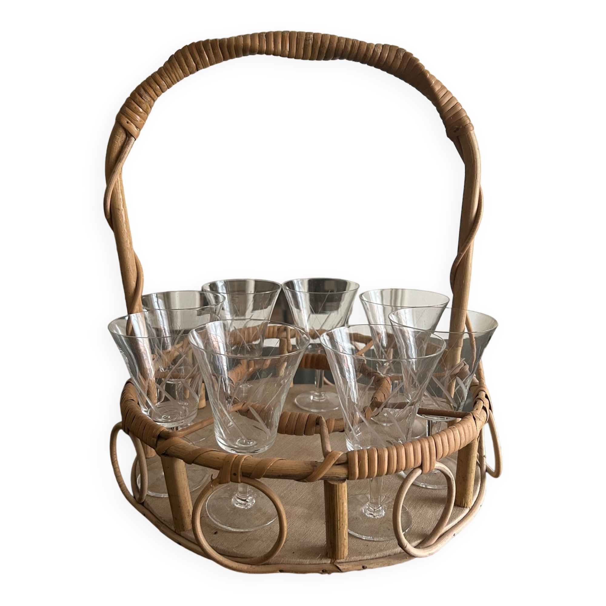 Wicker basket and 8 antique glasses