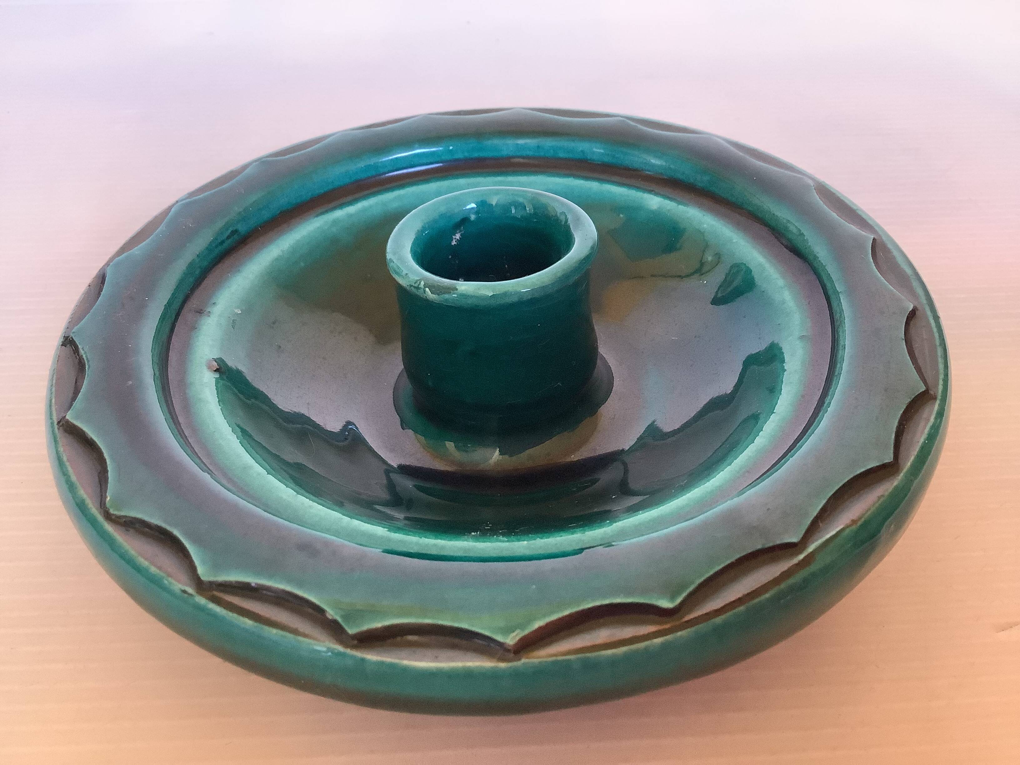 Green ceramic cellar rat candlestick