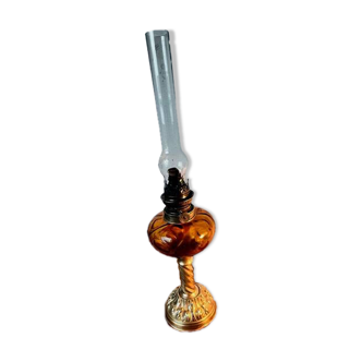 OIL LAMP – HUGO SCHNEIDER – TWISTED GOLD BRASS LEG – NAPOLEON 3 – ORANGE GLASS – RARE PIECE