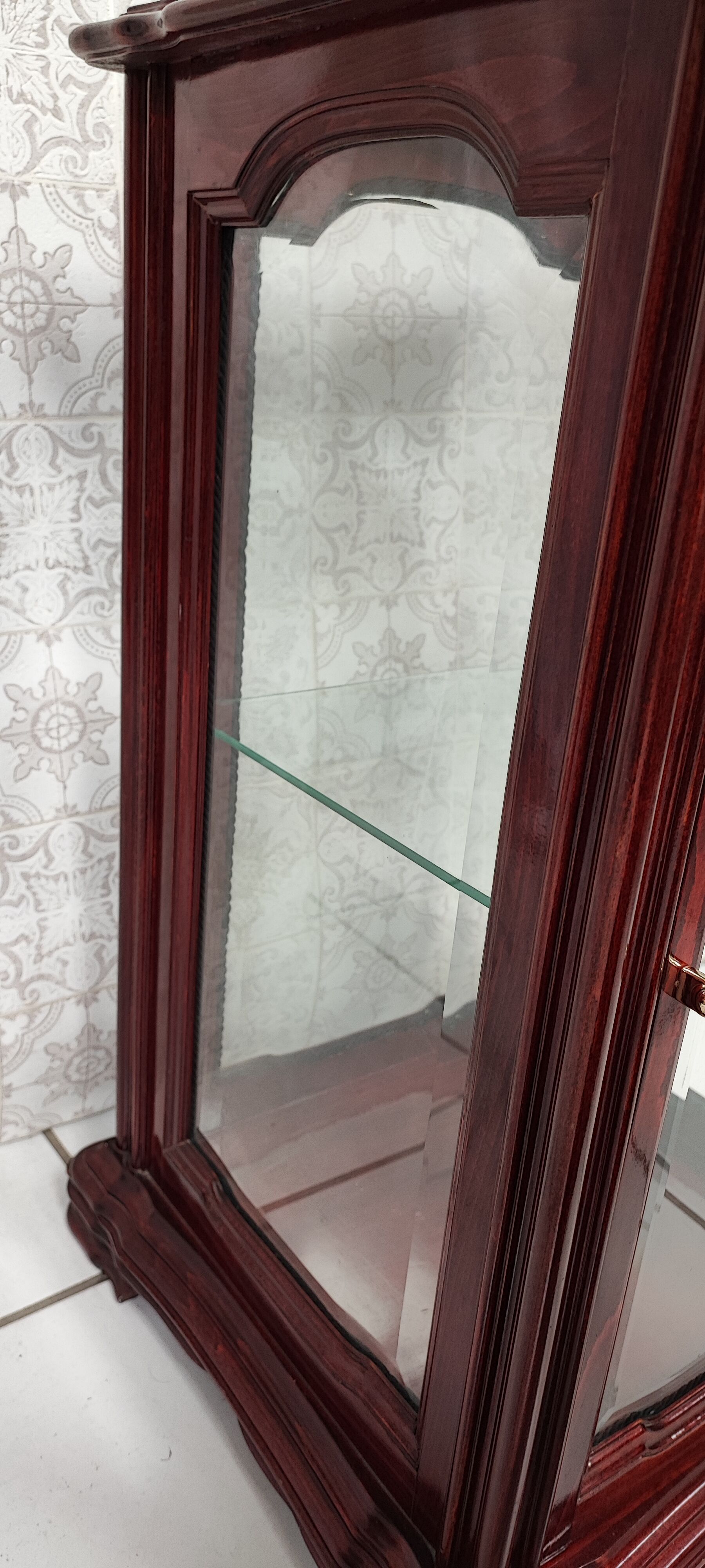 Showcase low glass beveled exotic wood