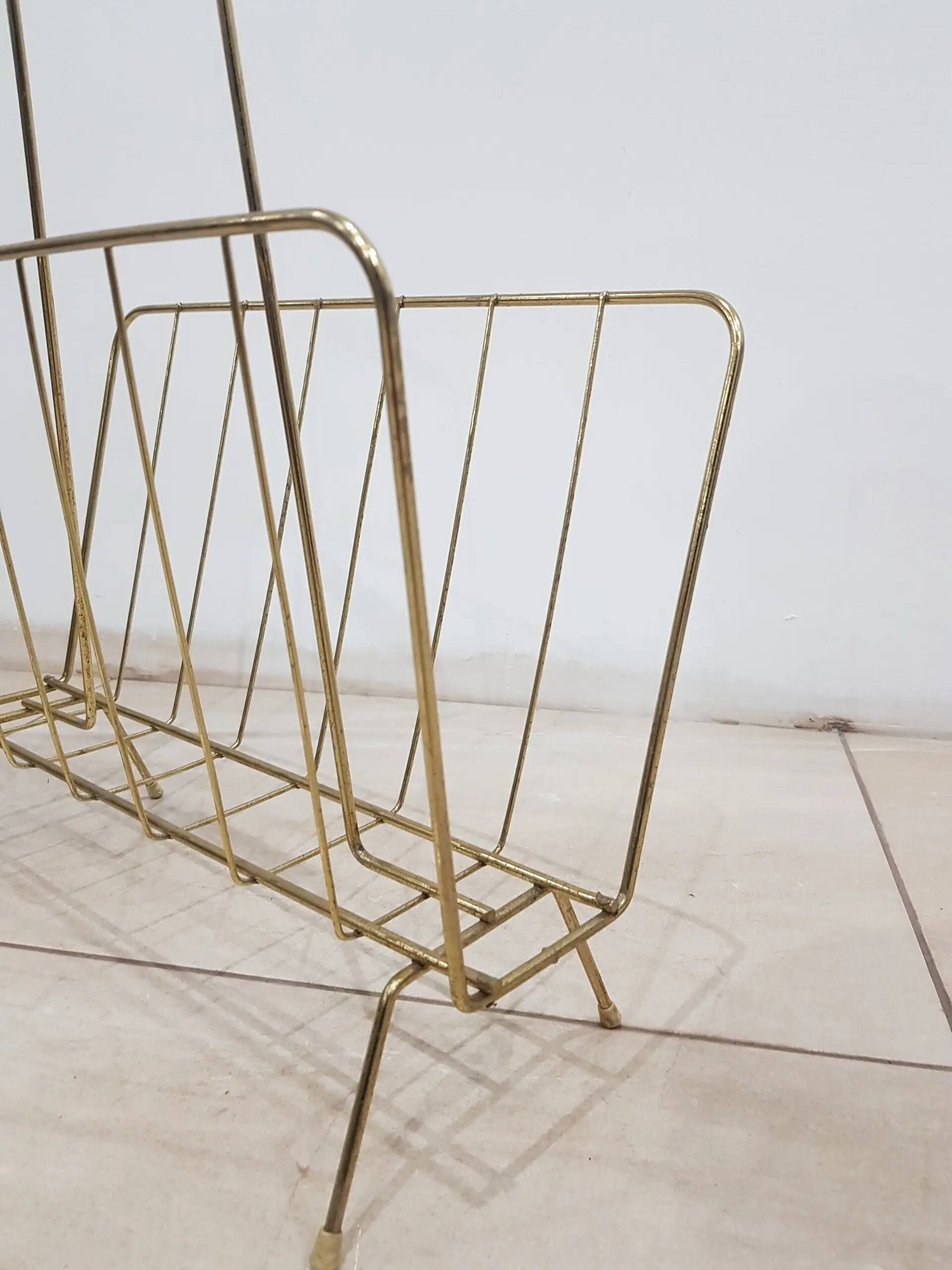 Magazine rack, gold metal, brown wood, Germany, 1970s