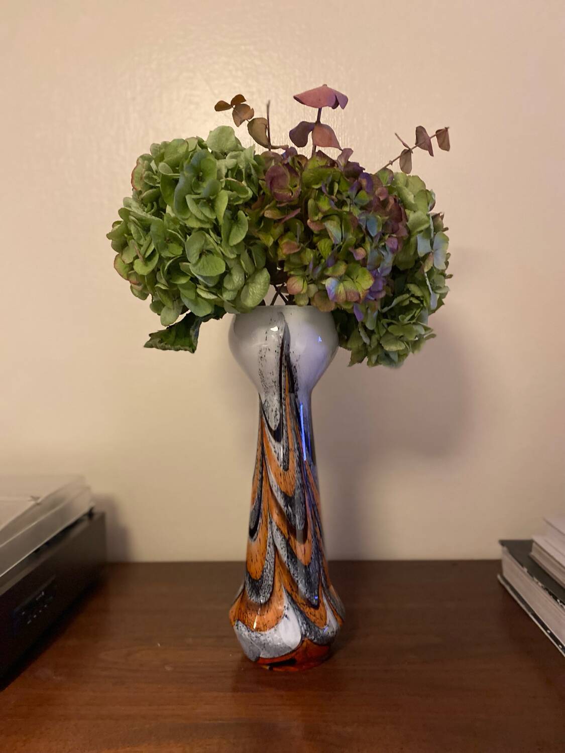 Vintage murano glass vase orange, white brown attributed to carlo moretti