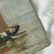 Fishing boats on calm sea. oil painting signed p. volotchenko.