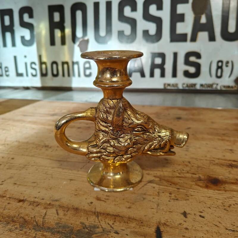 Vintage gold metal boar hunting candlestick