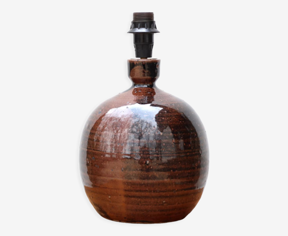 Pied de lampe " boule " marron en grès de Guy Baudat, années 70