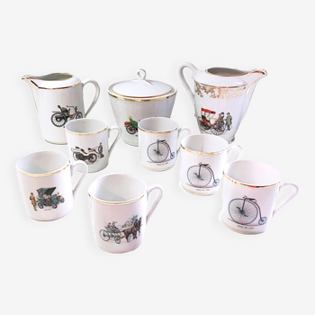 MB porcelain coffee service decorated with old vintage vehicles mid-20th century