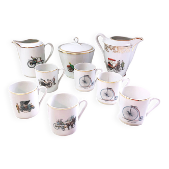 MB porcelain coffee service decorated with old vintage vehicles mid-20th century