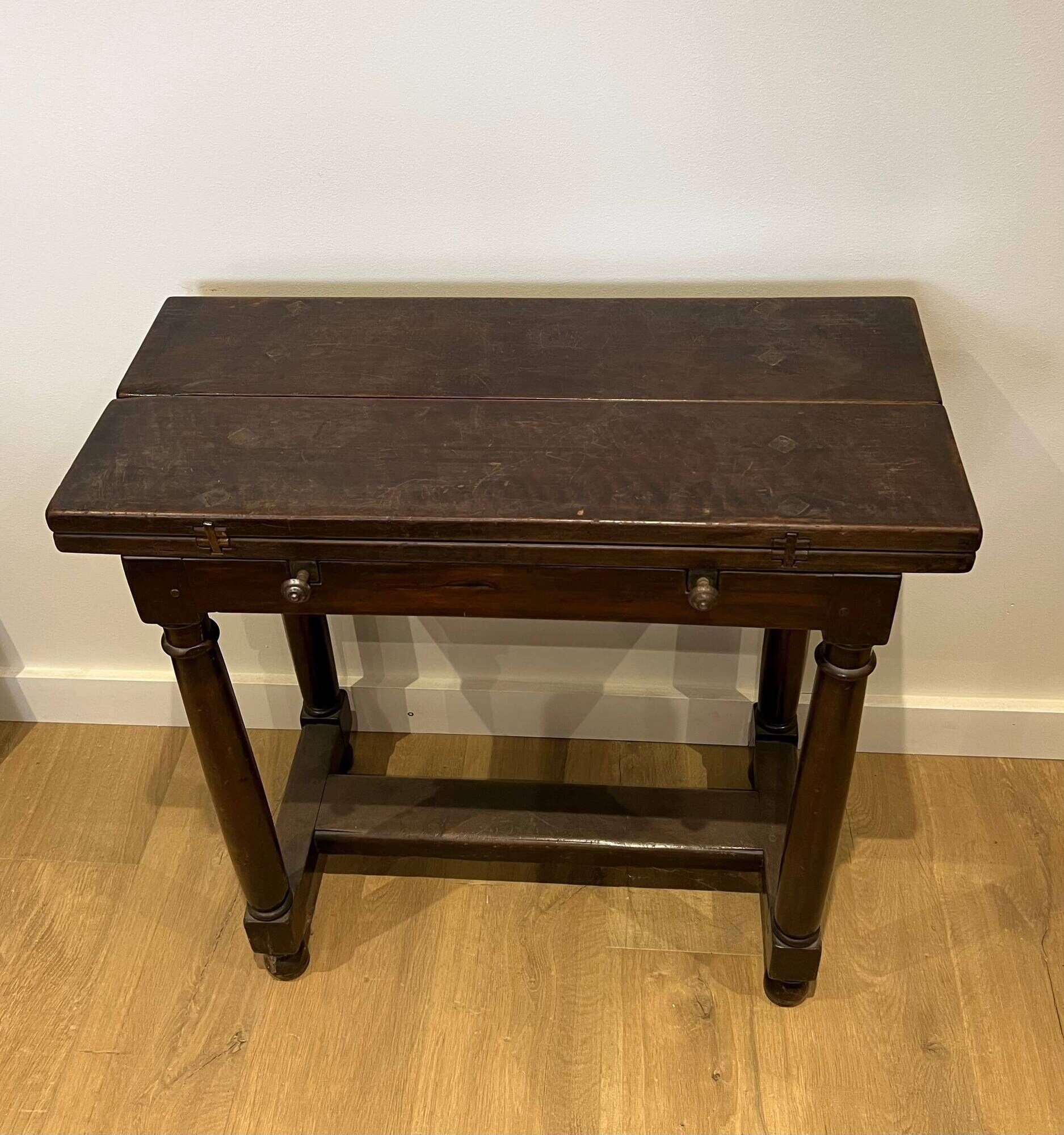 Portuguese Table with Folding Top in Walnut with Detached Columns and Stretcher