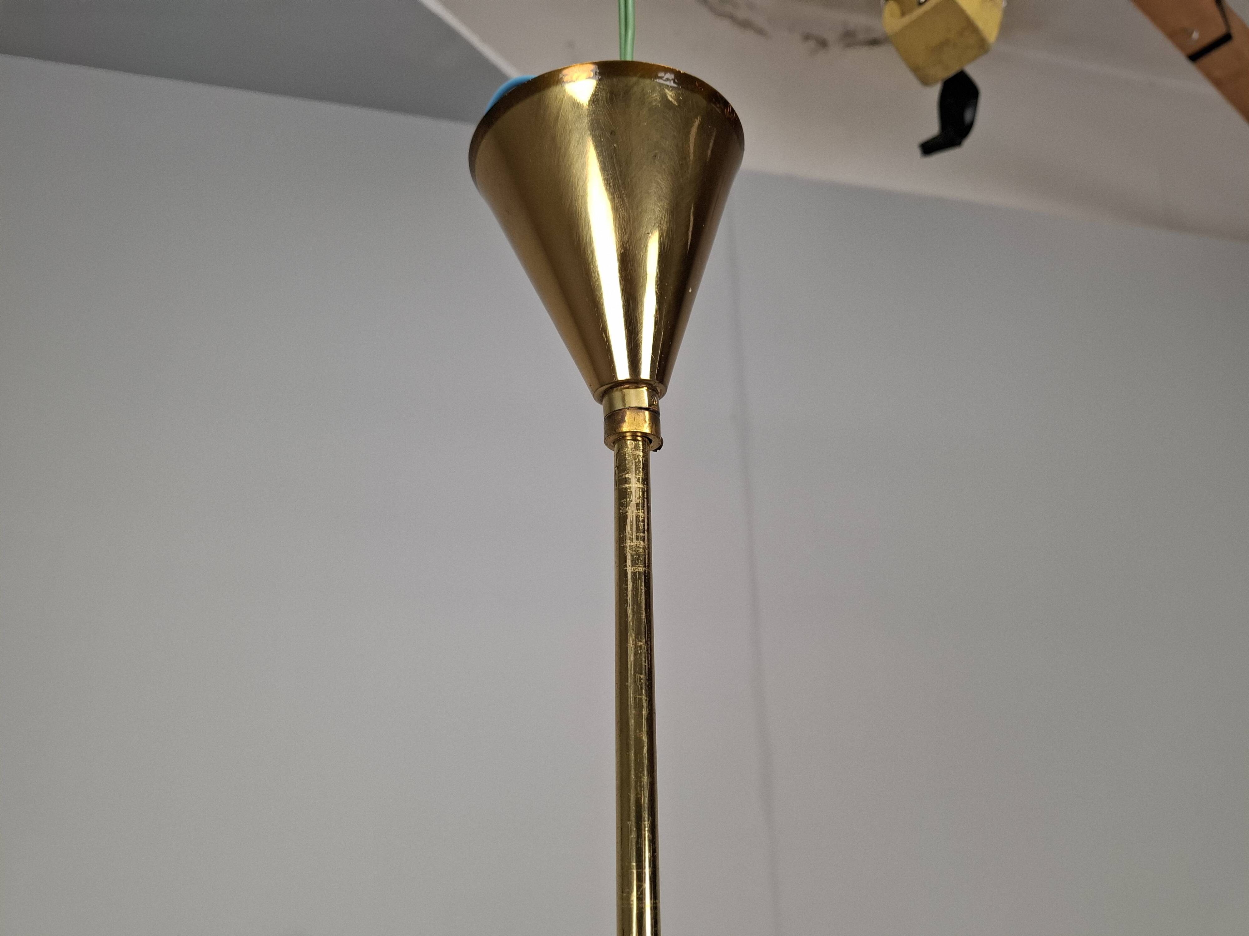 1960s Czech Mid-Century Brass and Železný Brod Frosted Glass Six-Arm Chandelier