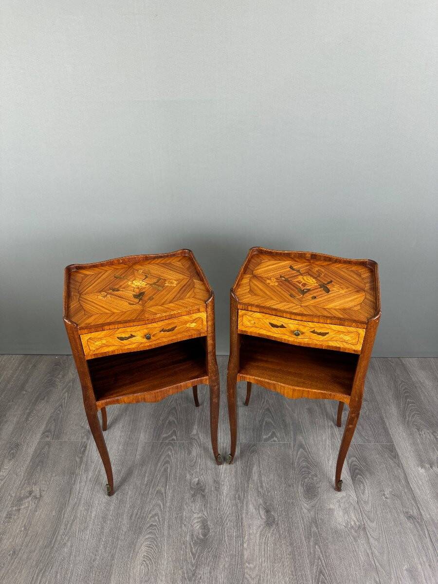 Pair of marquetry bedside tables, 20th century