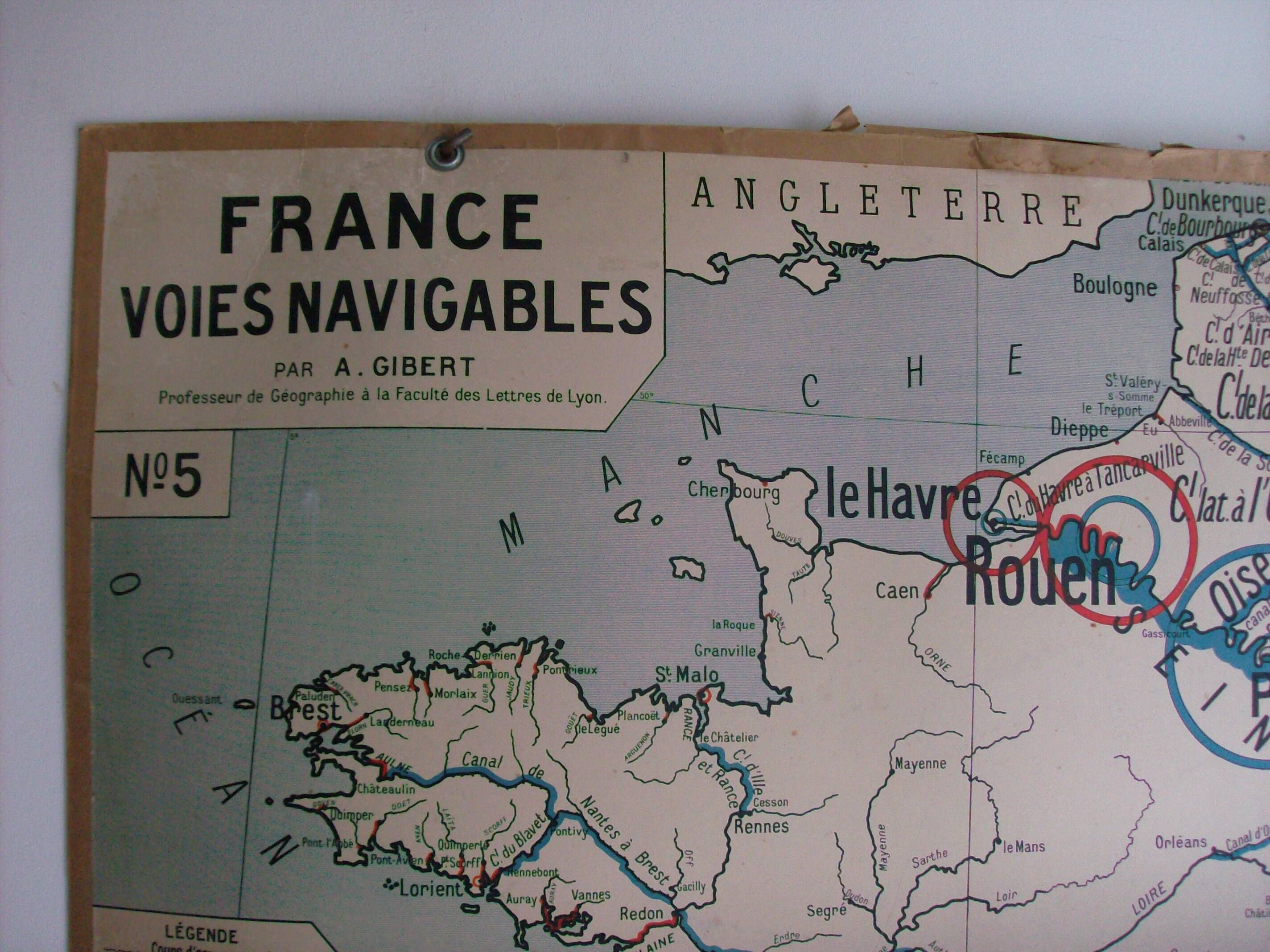 Old school map of geography France aviation waterways TSF by Gibert