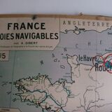 Ancienne carte scolaire de géographie France voies navigables aviation TSF par Gibert