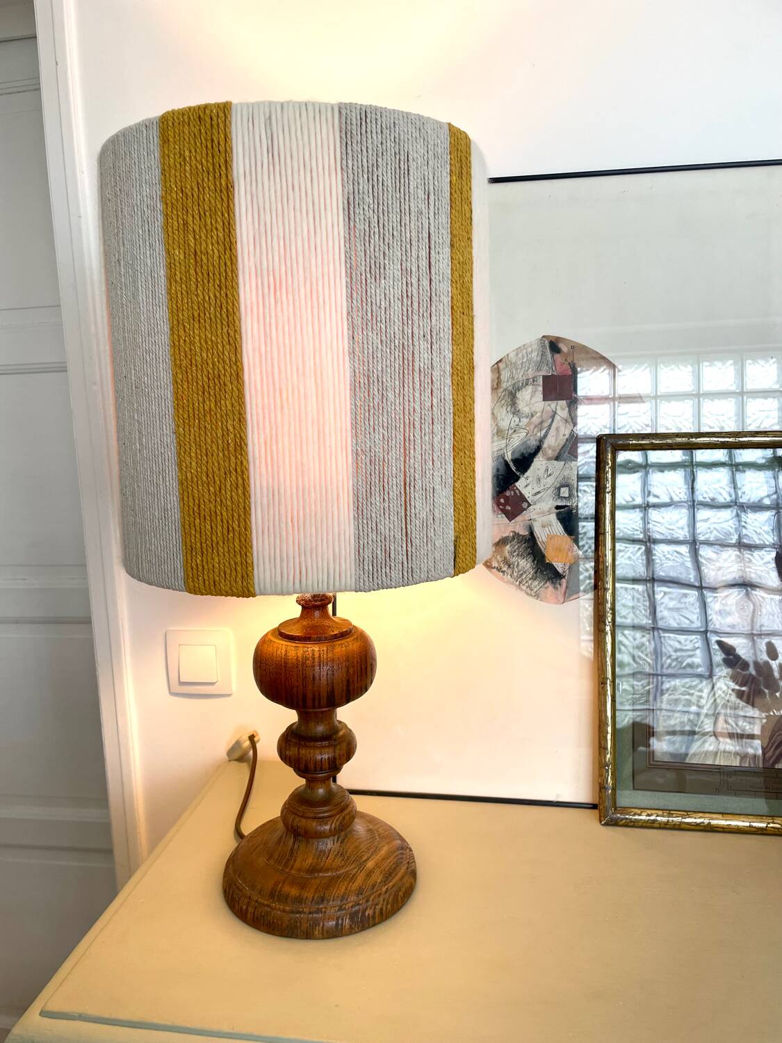 Large vintage lamp with turned wooden base, wool and rope striped lampshade