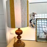 Large vintage lamp with turned wooden base, wool and rope striped lampshade