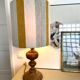 Large vintage lamp with turned wooden base, wool and rope striped lampshade