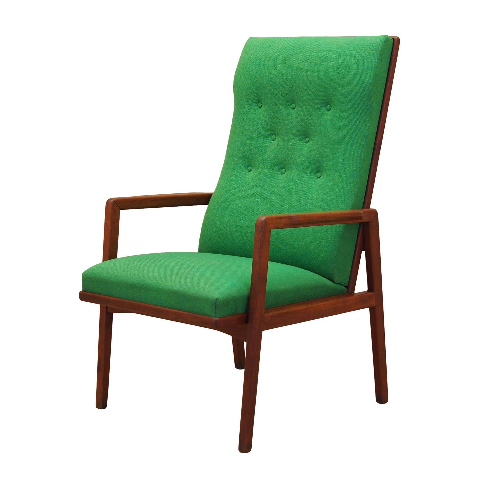 Fauteuil danois en teck et tissu vert, années 1970