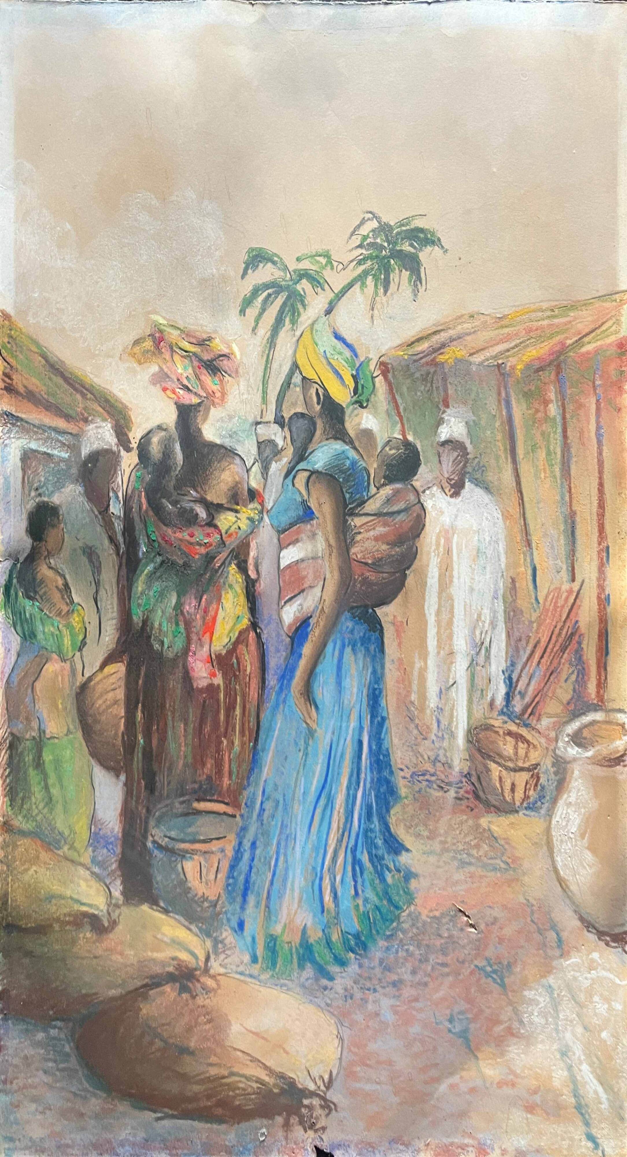 Orientalist Africanist painting "Market scene" Pastel mid 20th century