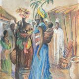 Orientalist Africanist painting "Market scene" Pastel mid 20th century