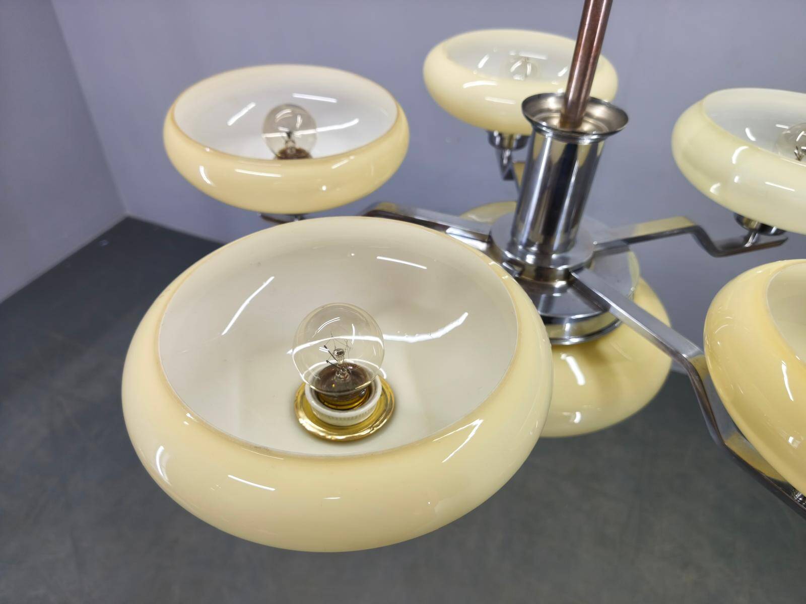 Art Deco Chrome Chandelier with Six Opaline Glass Shades, 1930s