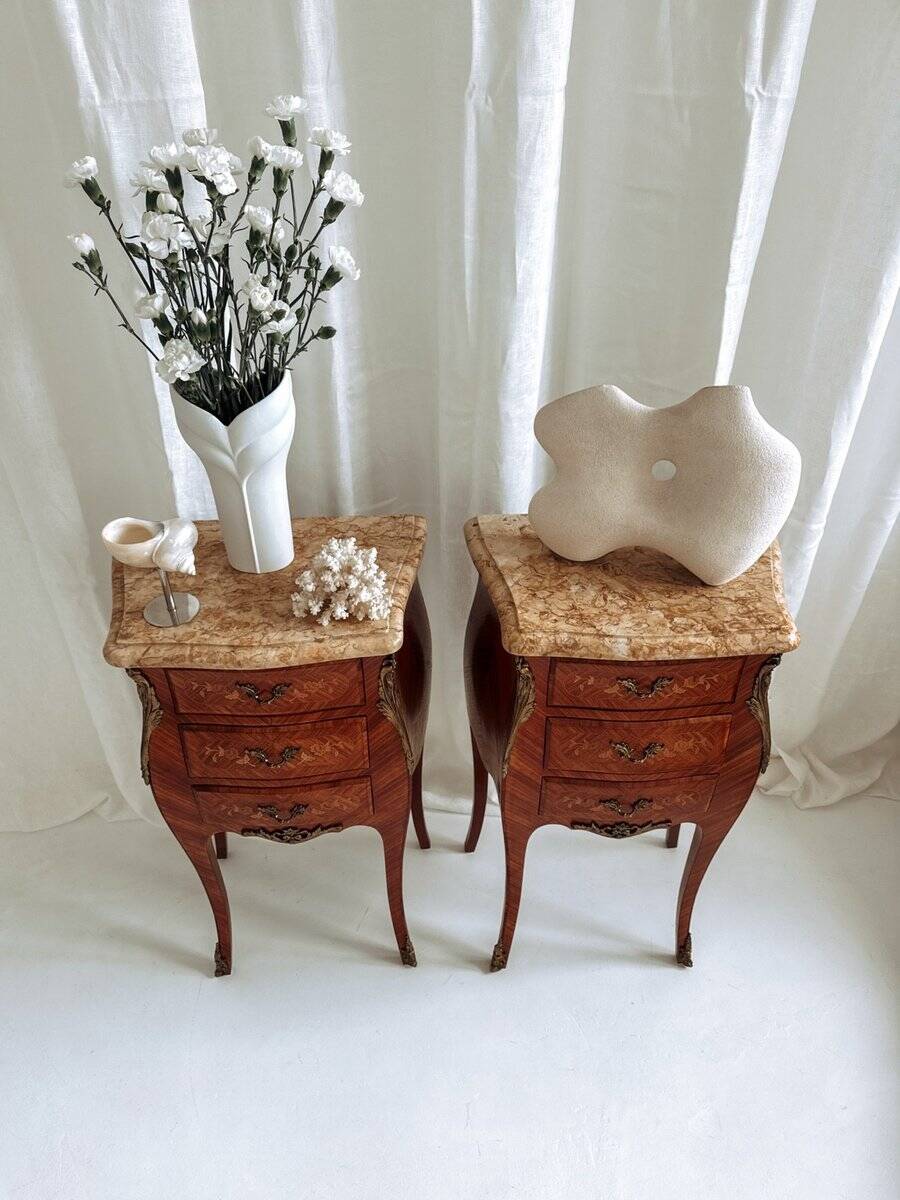 Mid-century French Louis XV style bedside tables with marble tops and floral marquetry, 1940s, set of 2