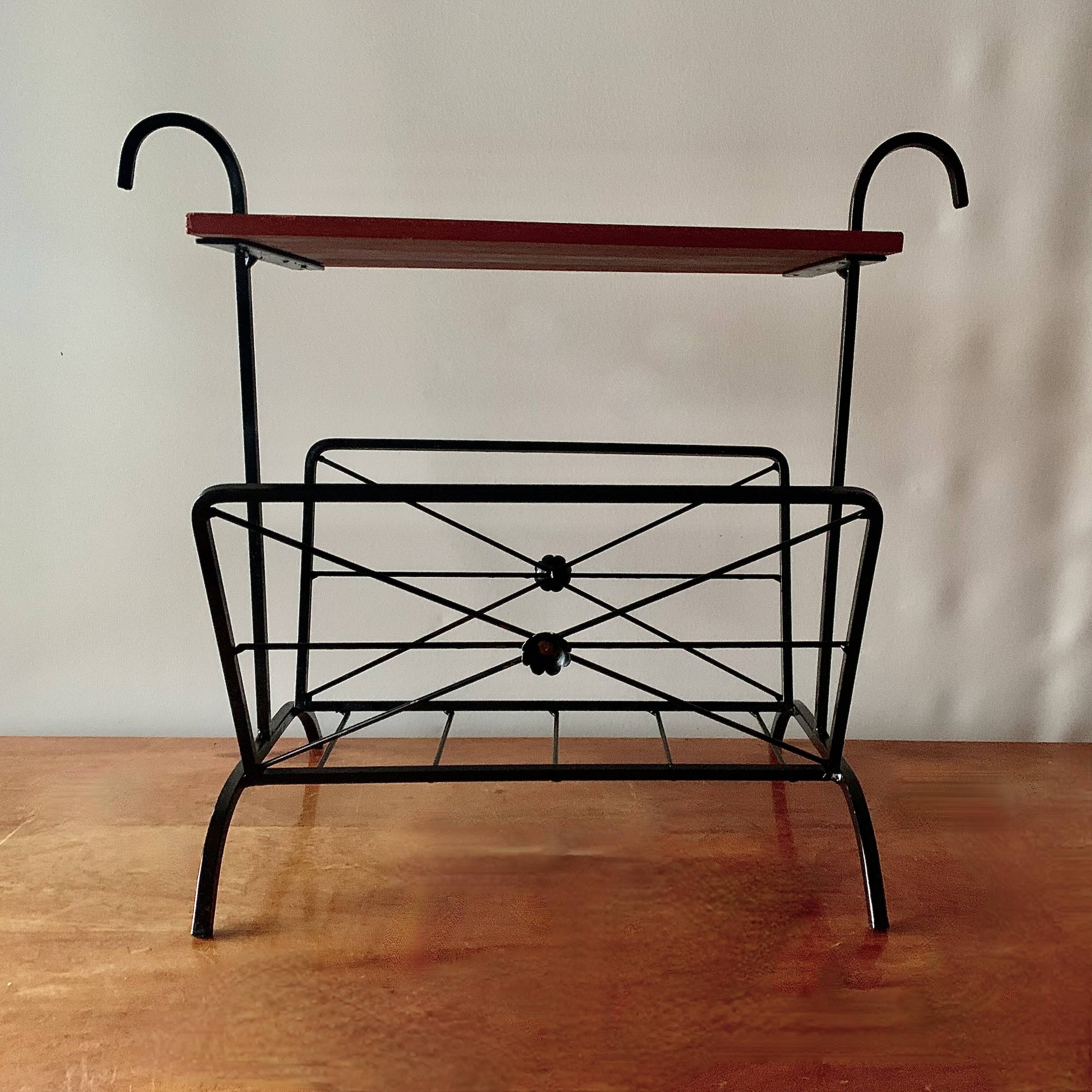 Vintage magazine rack and harness in wood and wrought iron