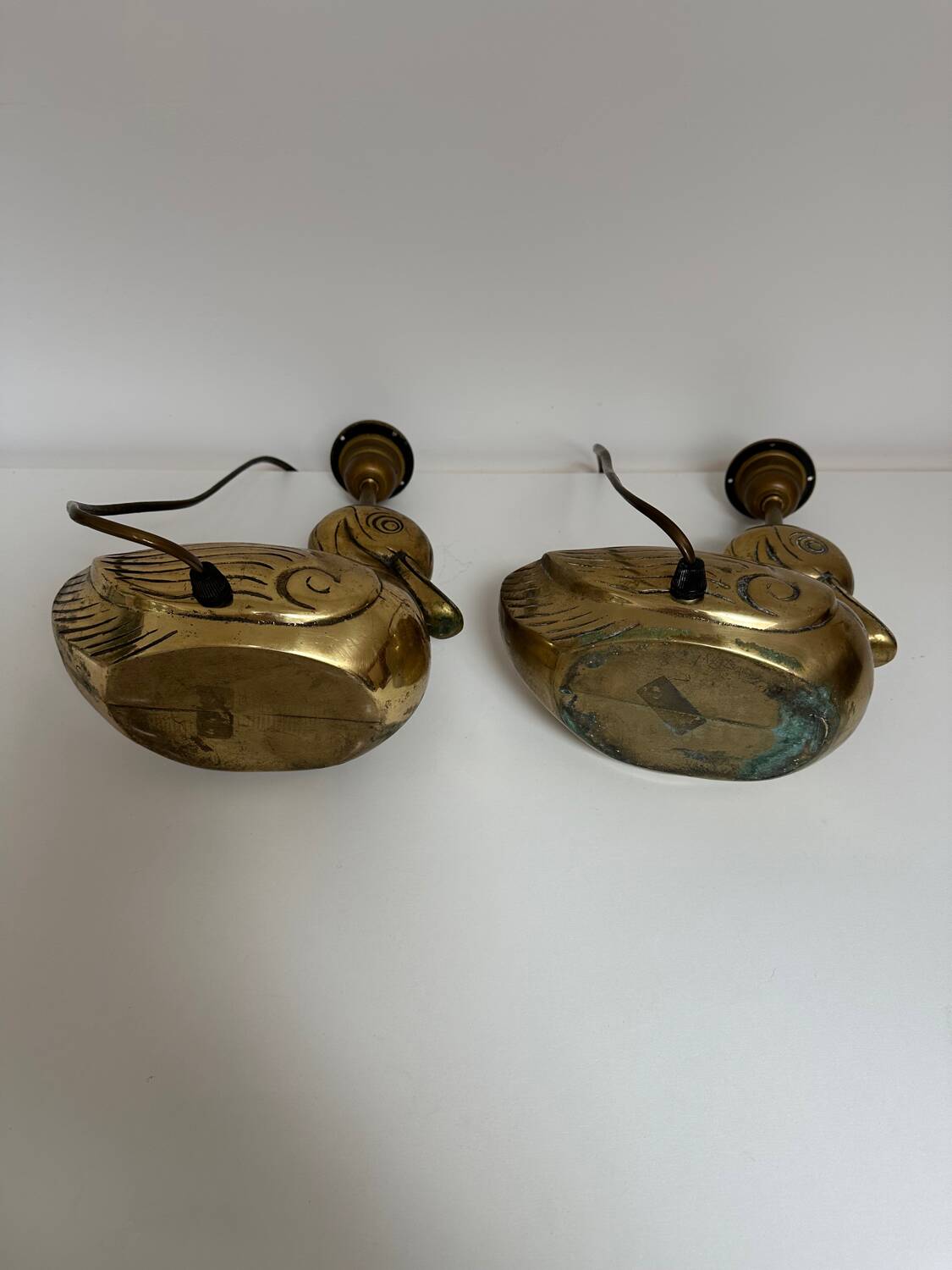 Pair of brass duck lamps, 1980