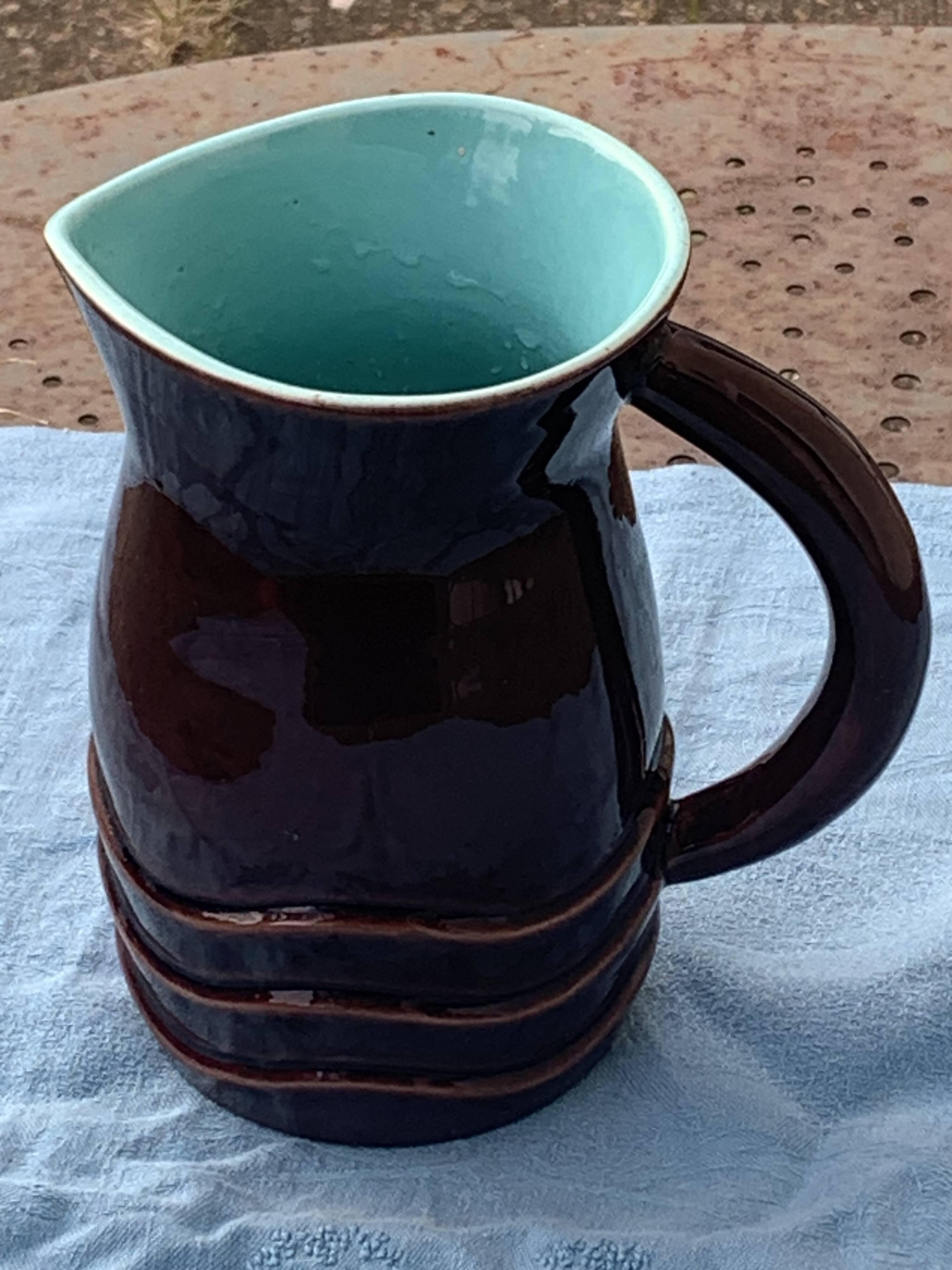 Jug, pitcher, pl france, poet laval, undulate, vintage 1950 in enameled ceramic, brown, turquoise