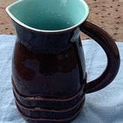 Jug, pitcher, pl france, poet laval, undulate, vintage 1950 in enameled ceramic, brown, turquoise