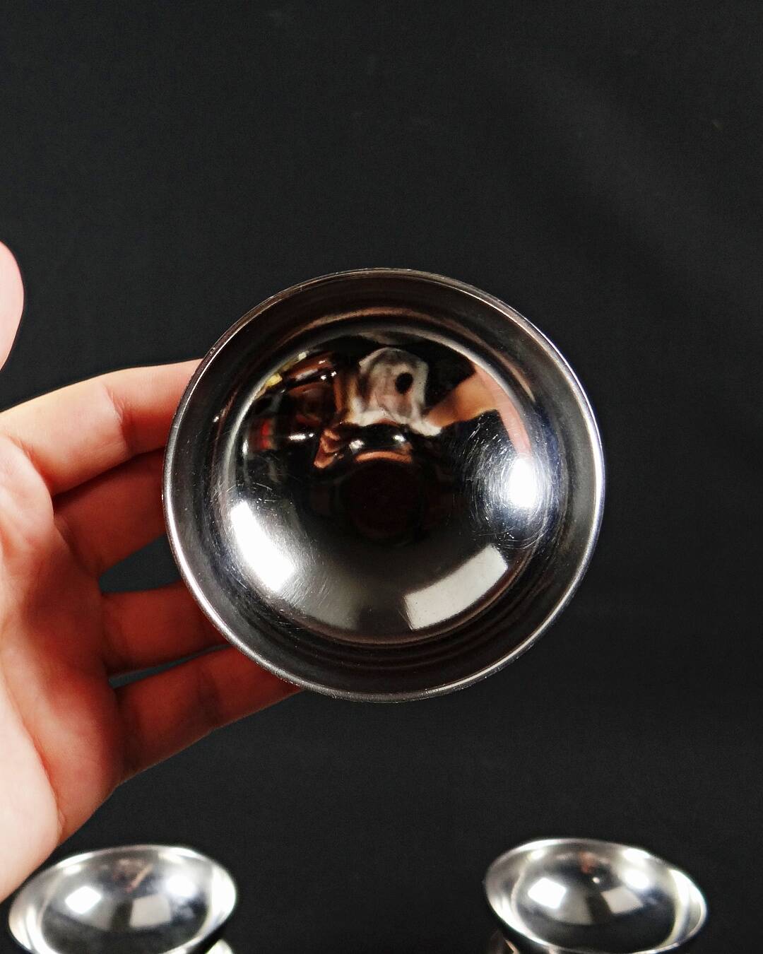 6 stainless steel ice cream cups on a stand, vintage dessert service