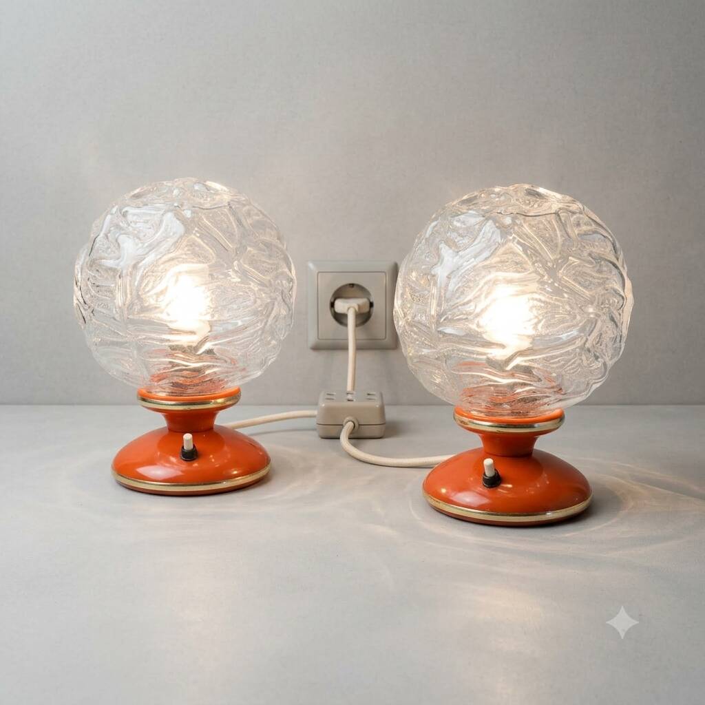 2 space age orange table lamps, 1960s, West Germany