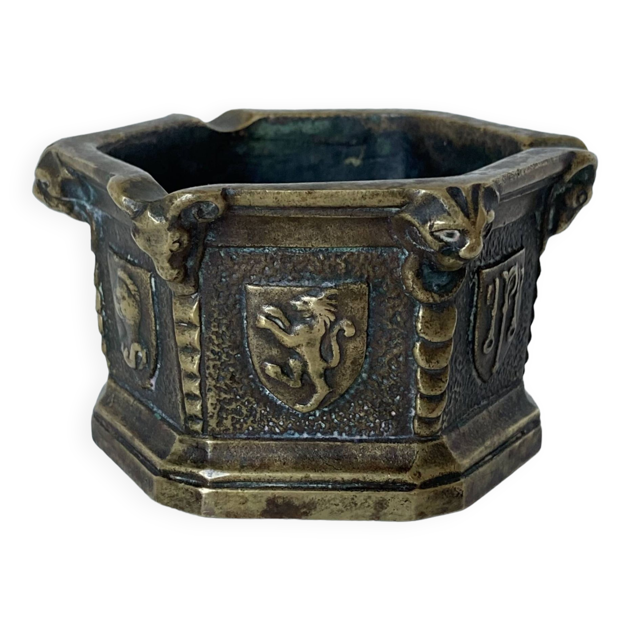 Gothic style bronze ashtray in the shape of a well with heraldic motifs by Max Le Verrier